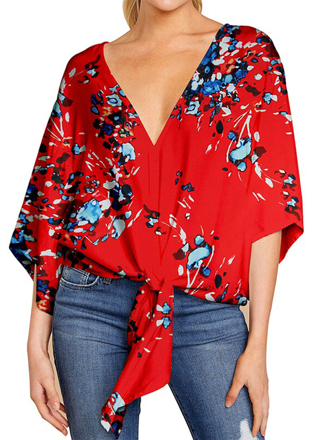 StyleCast x Revolte Red Floral Printed Kimono Sleeve Kaftan Top