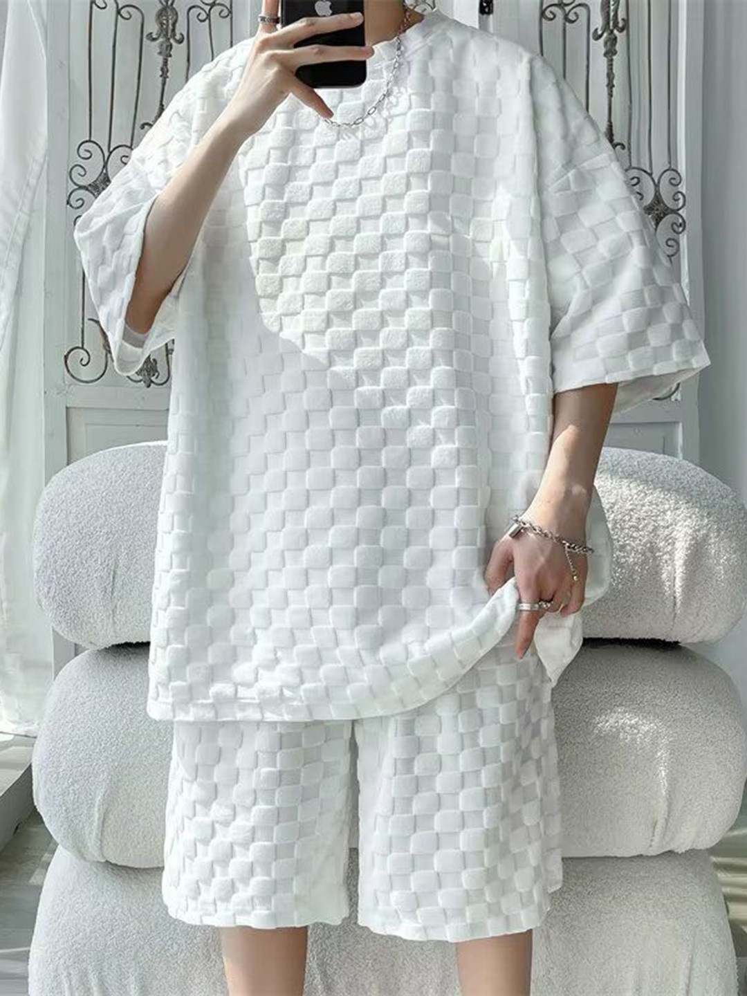 StyleCast White Self Design T-Shirt With Short