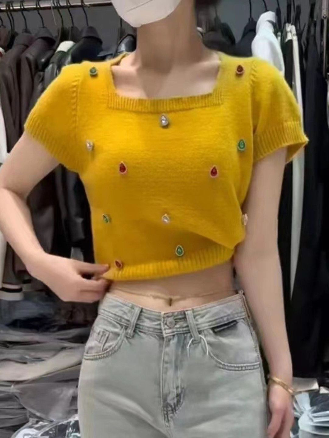 KPOP Women Square Neck Short Sleeves Top
