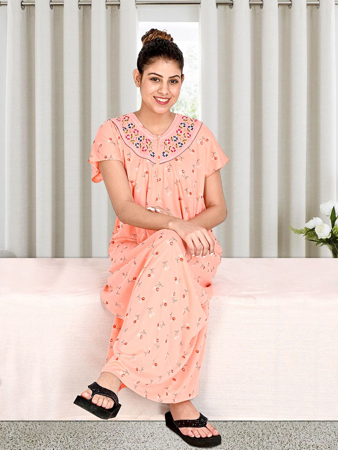 For You For Me Women Floral Embroidered Maxi Nightdress