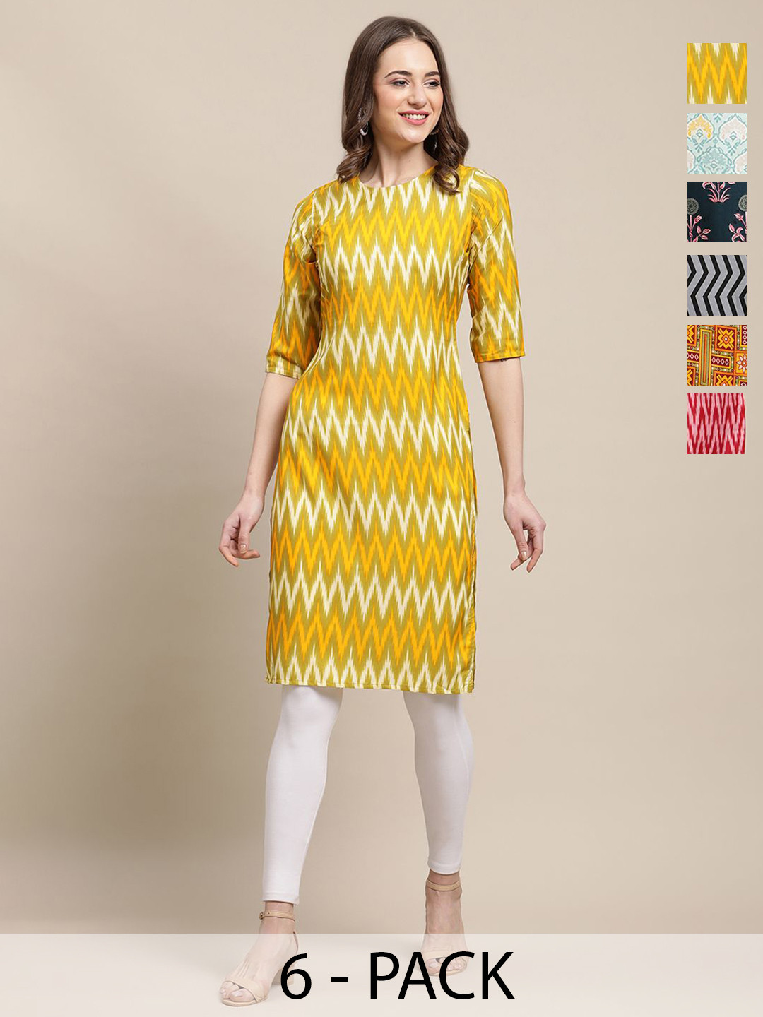 7Threads Selection Of 6 Chveron Printed Round Neck Straight Kurtas