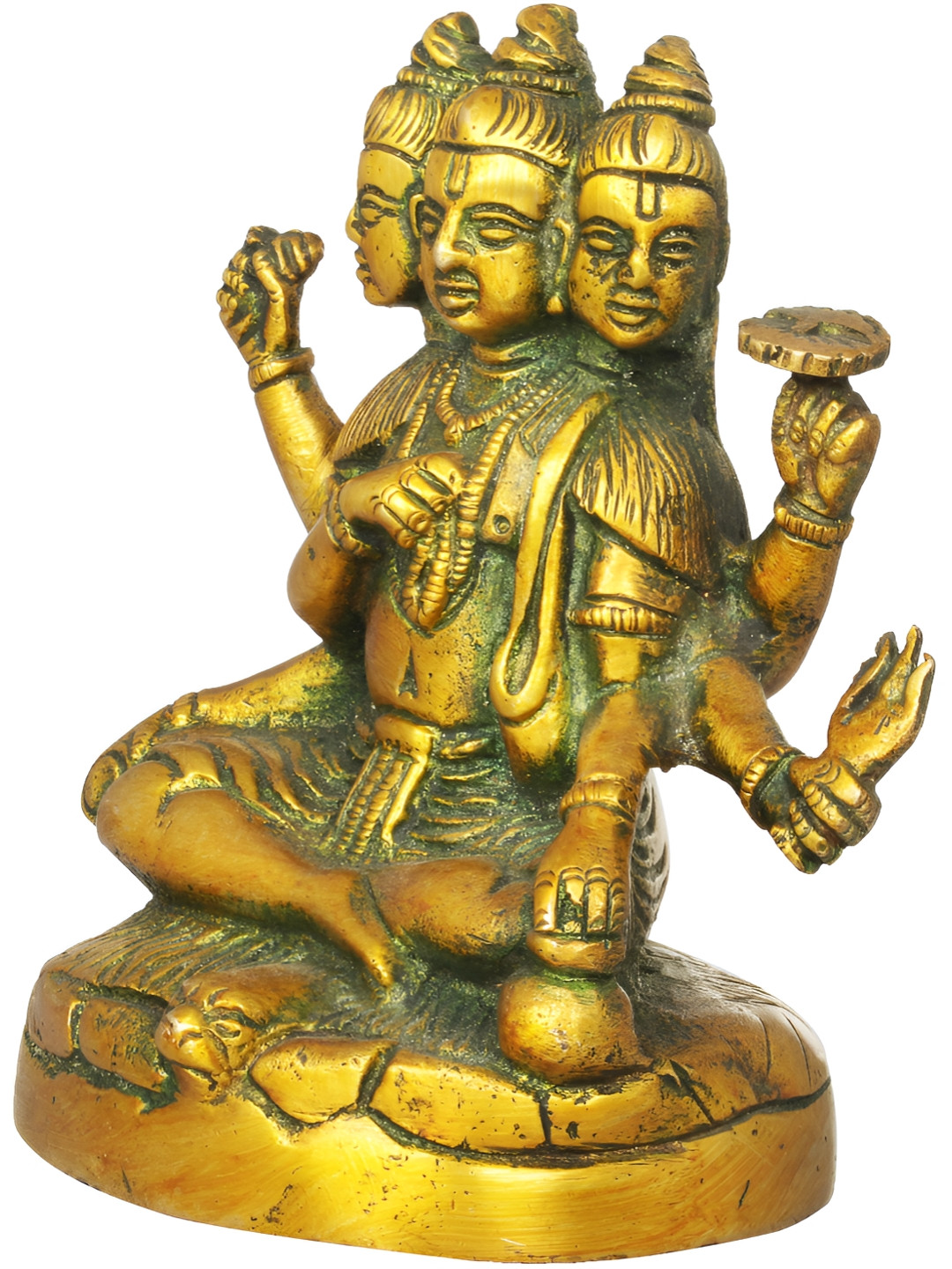 Exotic India Trimurti Gold Brass Metallic Prayer Room Hand Made Small Showpiece - 4.8 Inches
