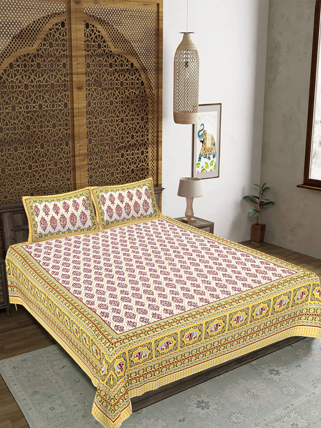 Rudra Bazaar Gold Ethnic Motifs Cotton 210 TC King Fine Bedsheet with 2 Pillow Covers-108 x 91 inches
