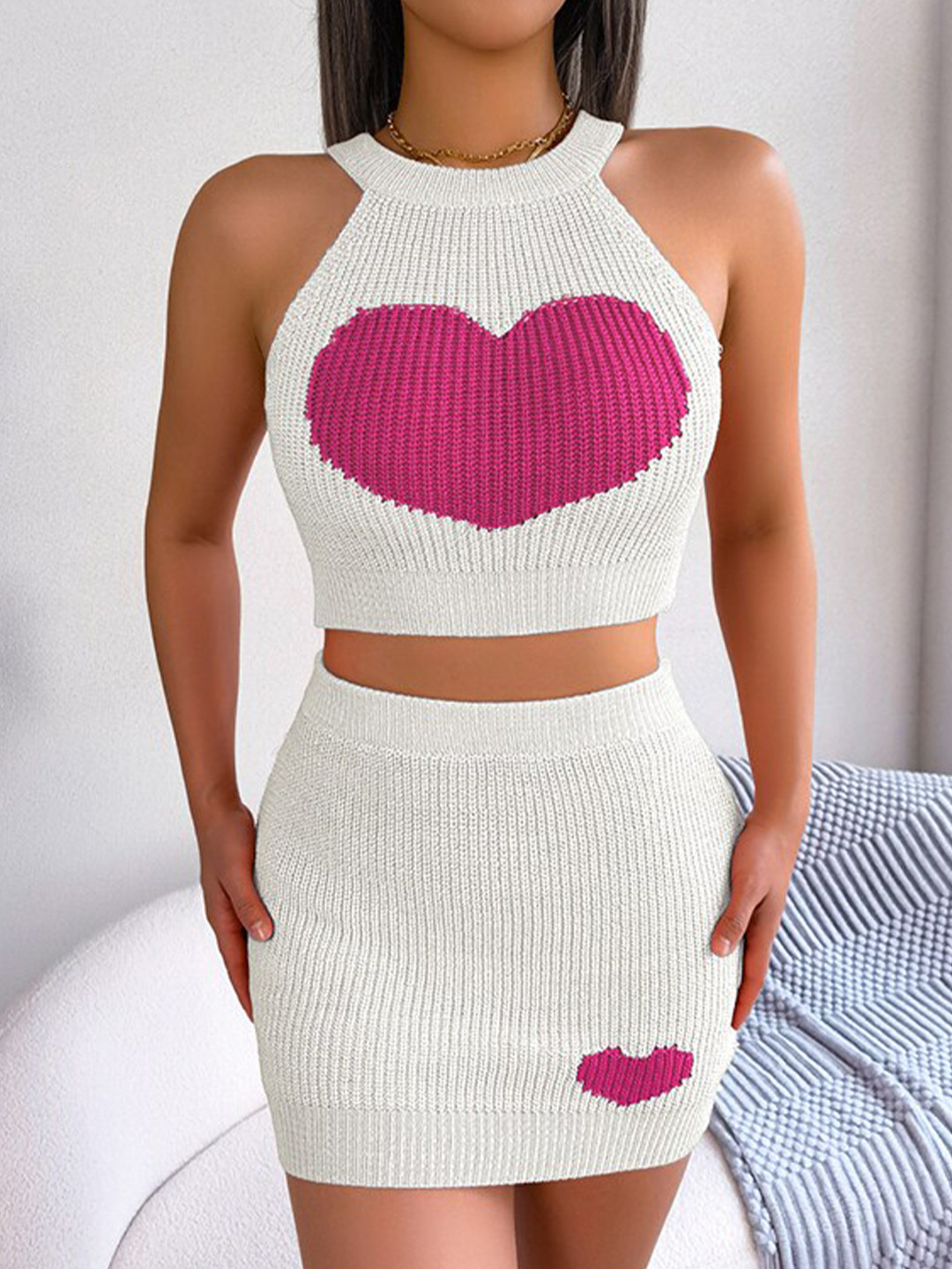 StyleCast x Revolte White Knitted Heart Design Top and Mini Skirt Co-ords
