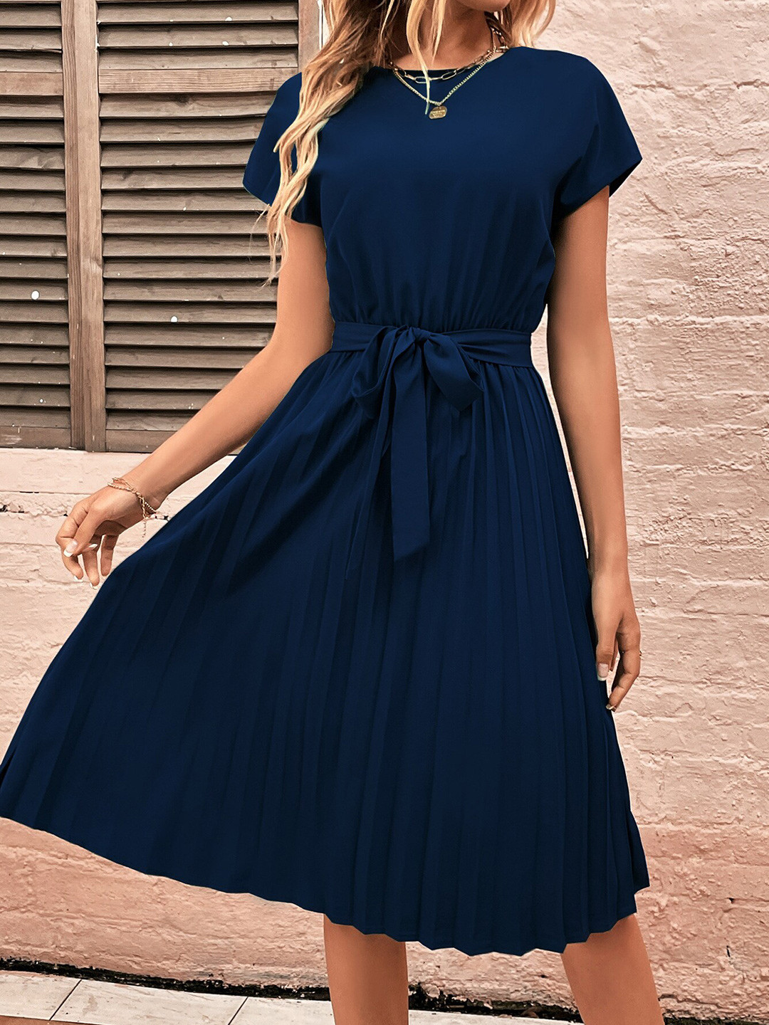 StyleCast Navy Blue Round Neck Fit And Flare Dress With Belt