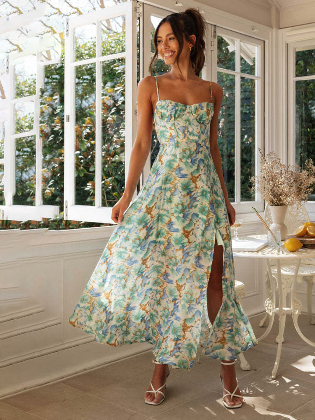 StyleCast Green Floral Printed Shoulder Straps Maxi Dress