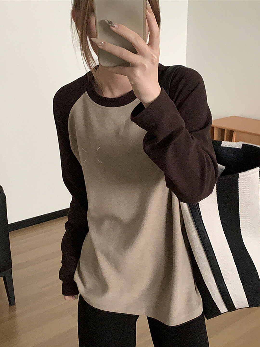 LULU & SKY Camel Colourblocked Raglan Sleeves Casual Top