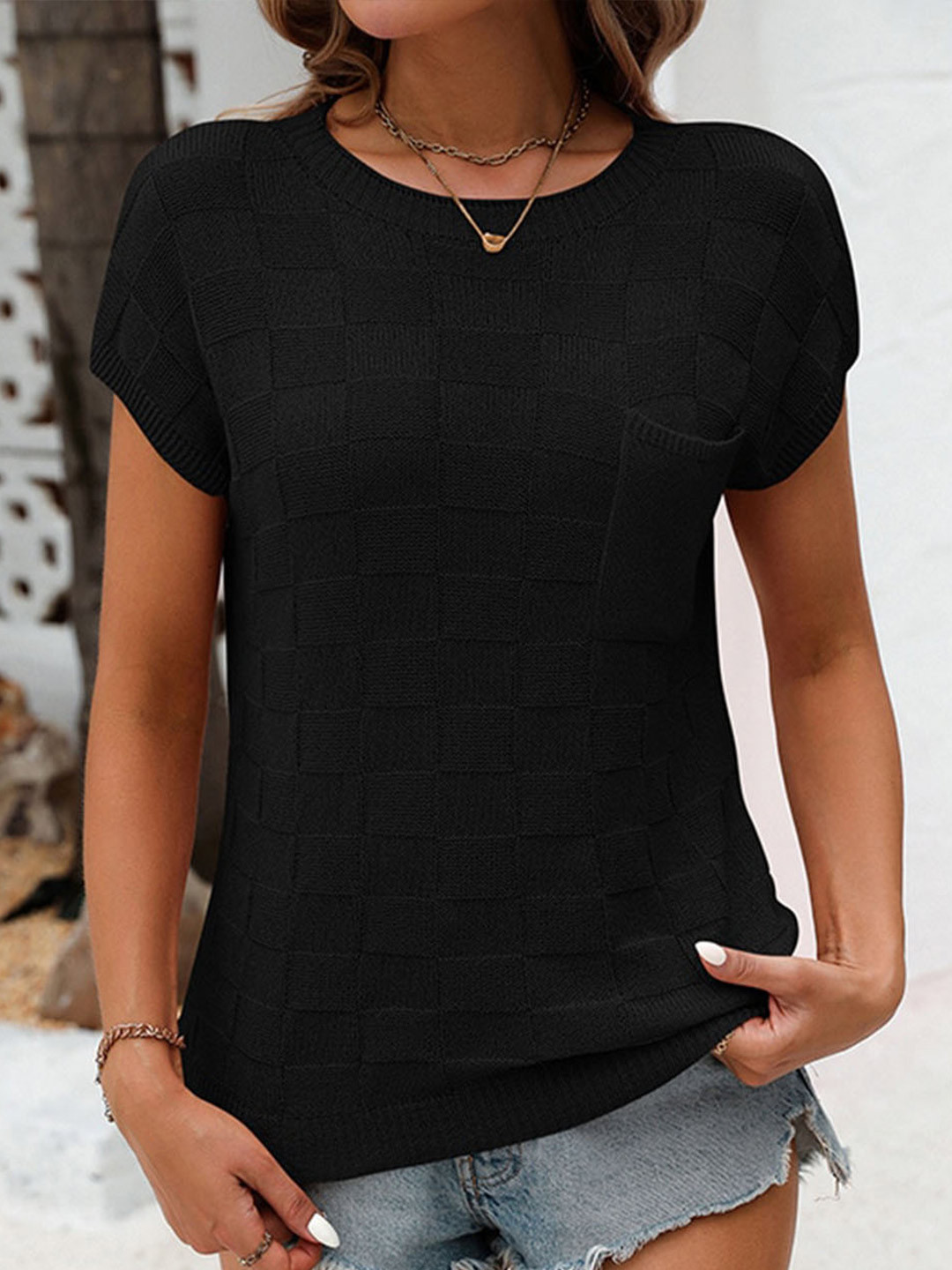 StyleCast x Revolte Self Design Round Neck Extended Sleeves Acrylic Casual T-shirt
