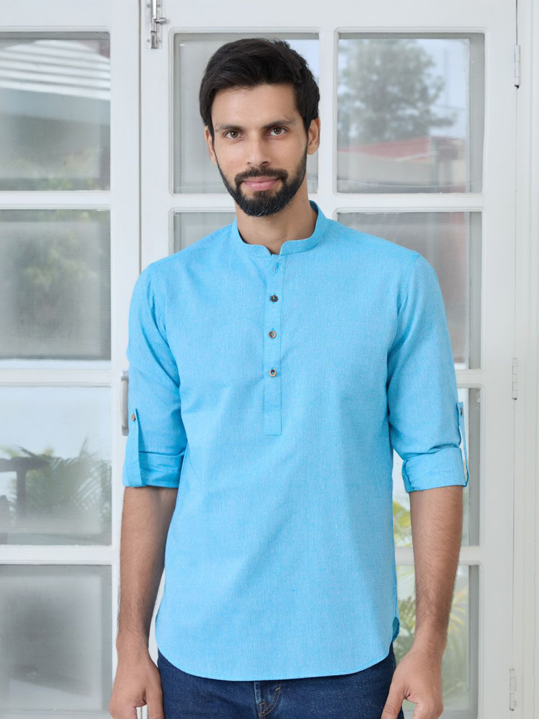 See Designs Pure Cotton Mandarin Collar Thread Work Short Kurta