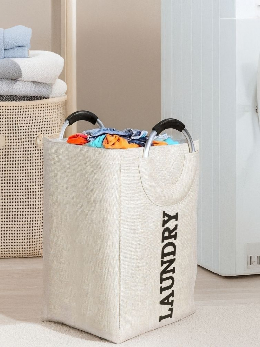 Stylista Beige Durable & Foldable Laundry Bag with metallic Handle