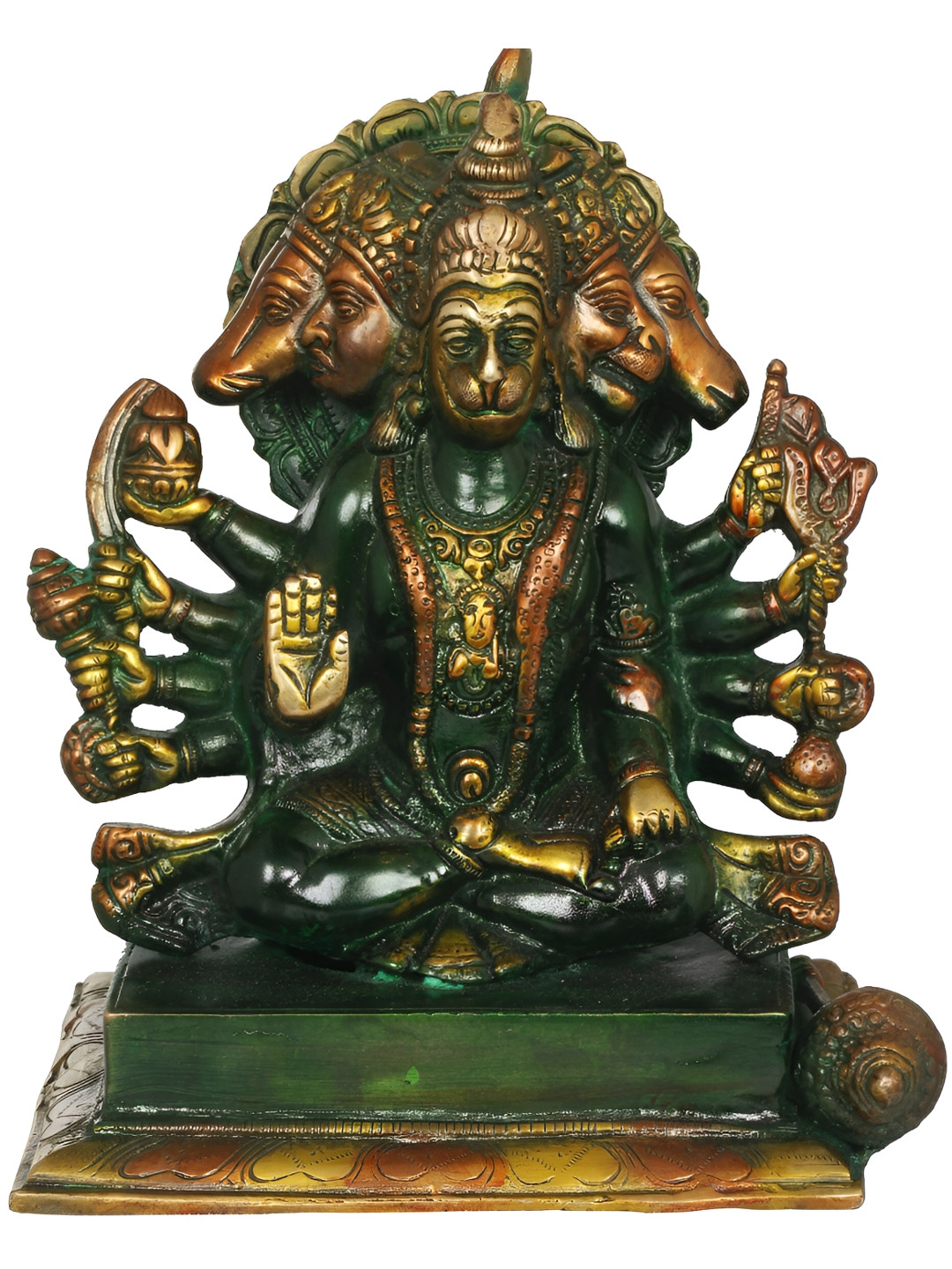 Exotic India Five Headed Hanuman Green Brass Metallic Prayer Room Small Showpiece - 7.5 Inches