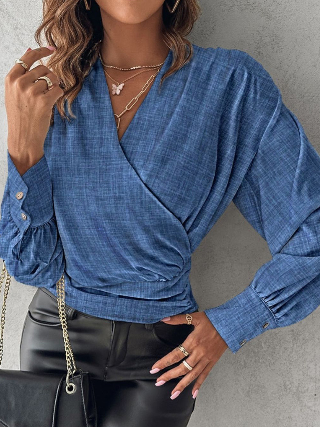 StyleCast Blue V-Neck Cuffed Sleeve Wrap Top