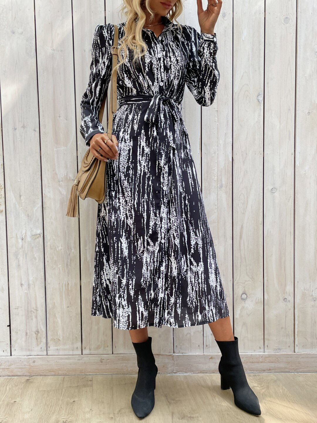 StyleCast Black Abstract Printed Tie-Up Shirt Style Dress
