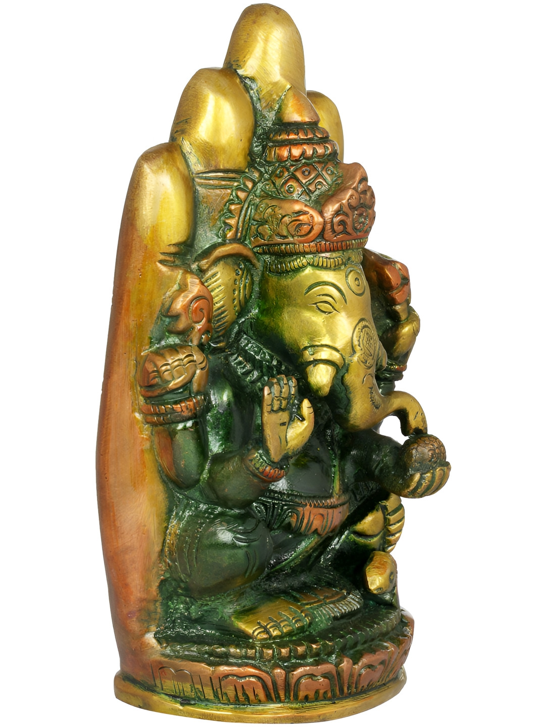Exotic India Lord Ganesha in Blessing Hand Green Brass Metallic Prayer Room Hand Made Medium Showpiece - 6 Inches
