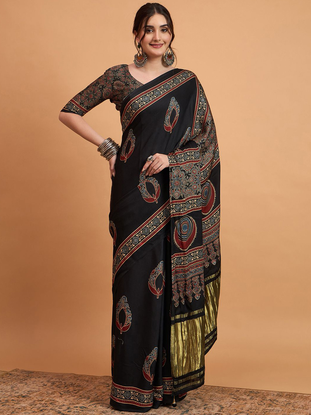 Mitera Women modal Ajrak Block Zari Designer Block Print SareeWith Blouse Piece