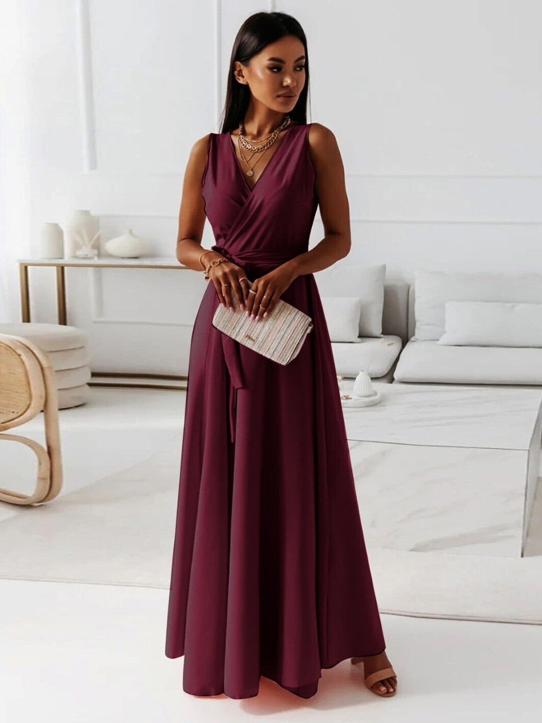 StyleCast Burgundy V-Neck Sleeveless Wrap Dress