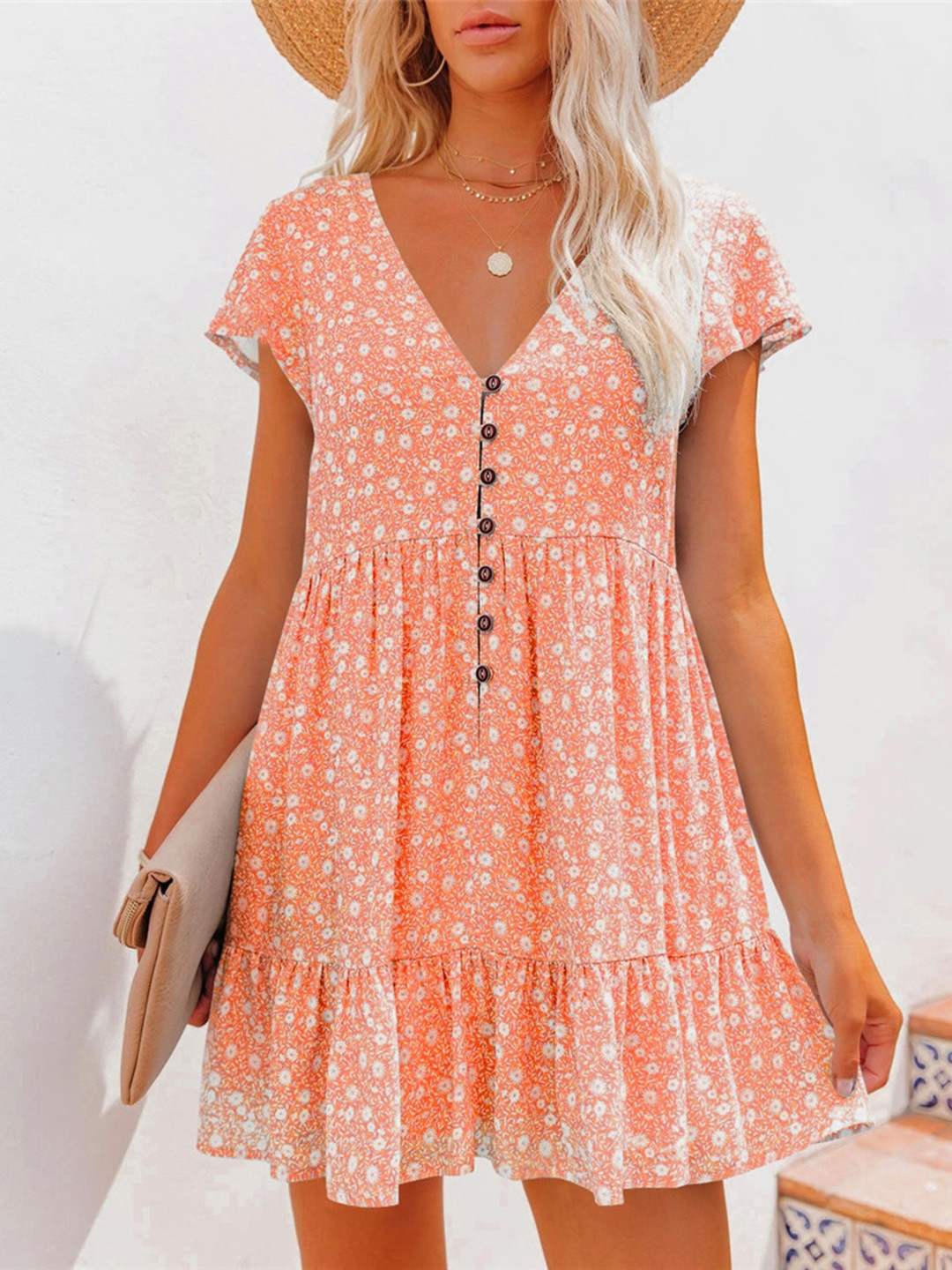 StyleCast Floral Printed Cotton V-Neck Fit & Flare Mini Dress