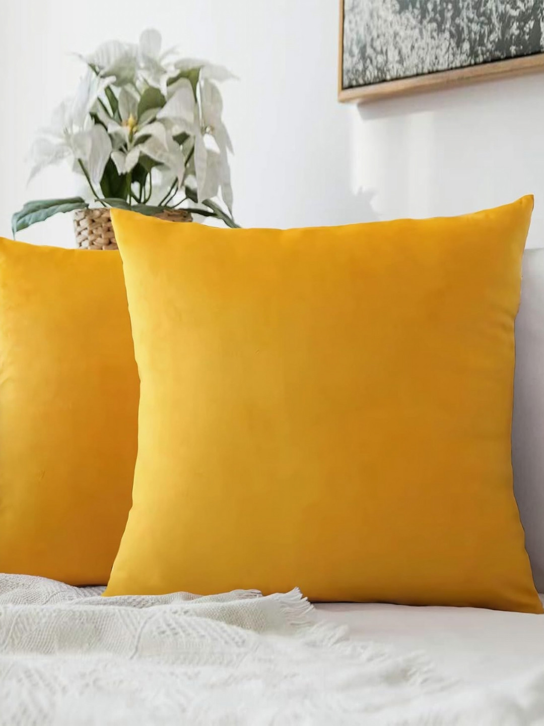 AAZEEM Gold Velvet Washable 2 Piece Textured Square Cushion Covers -20x20In