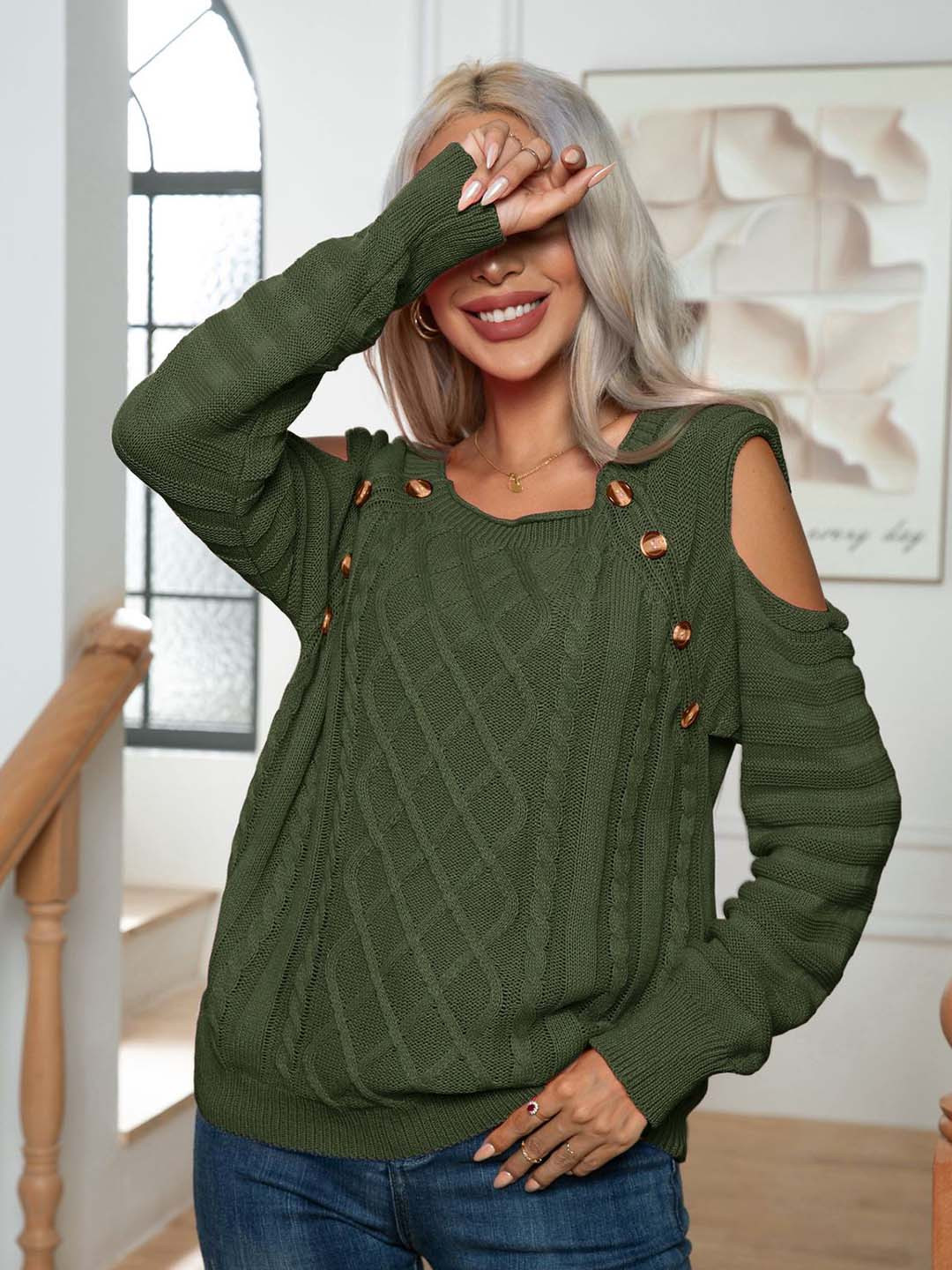 StyleCast Green Cable Knit Acrylic Pullover Sweater