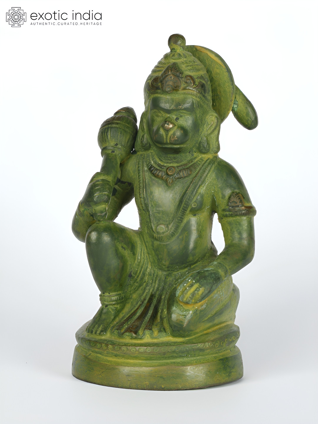 Exotic India Sankat Mochan Hanuman Green Brass Metallic Prayer Room Hand Made Small Showpiece - 5.2 Inches