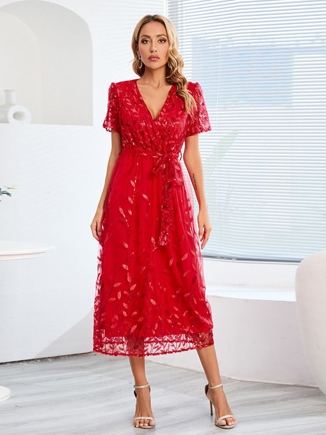 bebe Red Leaf Sequin Embellished Tulle Wrap V-Neck Fit & Flare Midi Dress