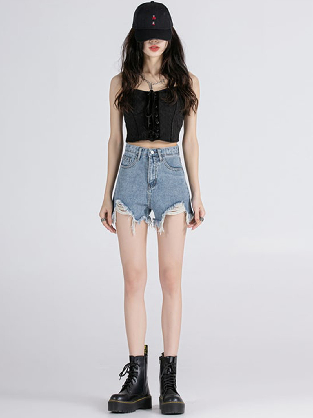 StyleCast x Revolte Women Slim Fit High-Rise Distressed Cotton Denim Shorts