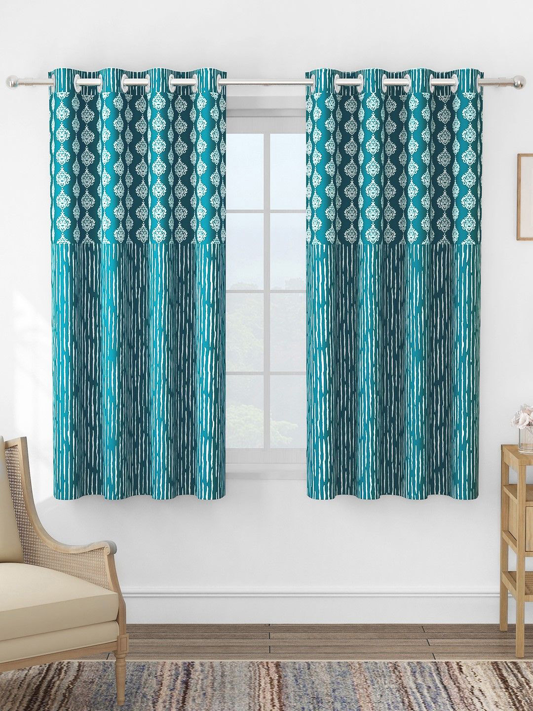 Story@home Topaz Turquoise Blue & White 2 Pieces Ethnic Room Darkening Window Curtains