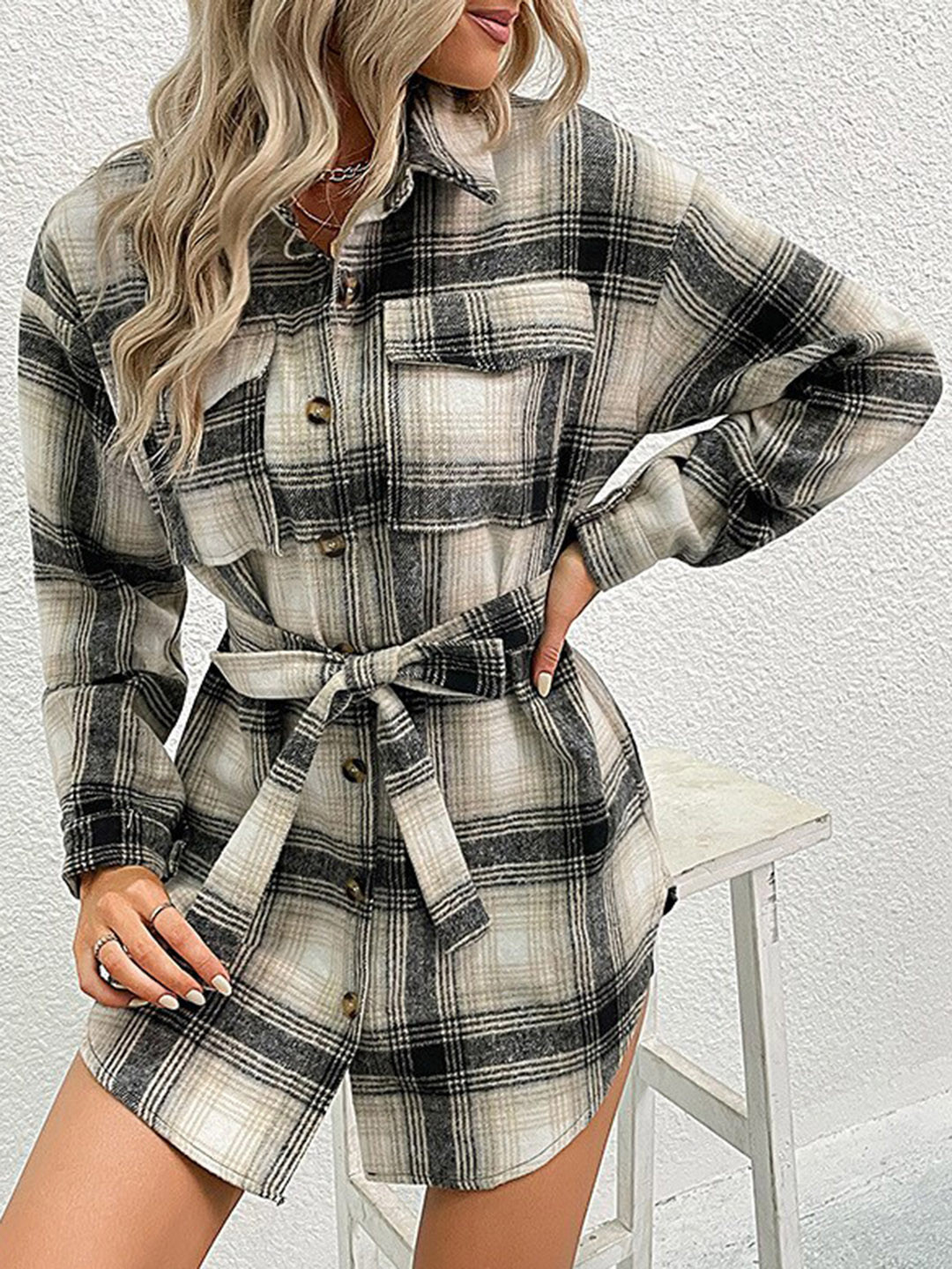 StyleCast Black & White Spread Collar Flannel Tartan Checked Casual Shirt