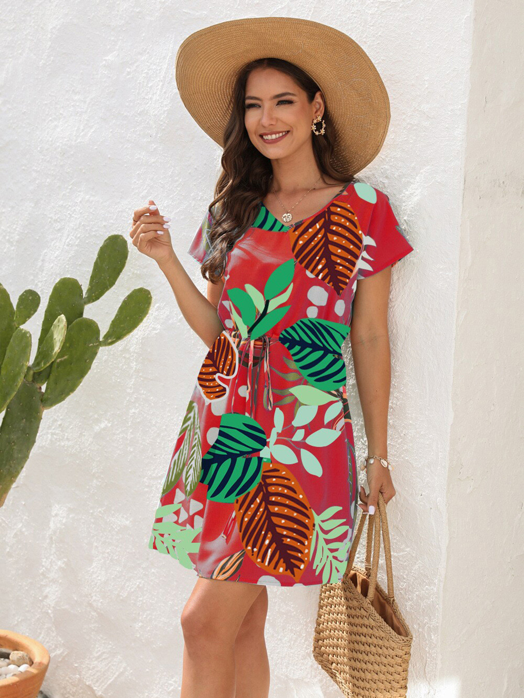 StyleCast Red Tropical Floral A-Line Dress