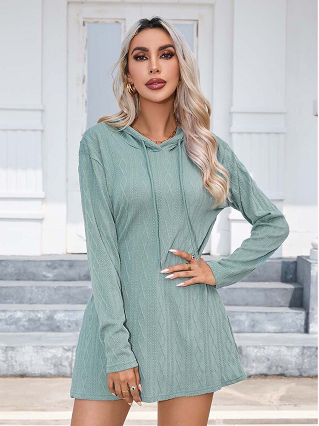 StyleCast Blue Geometric Printed Hooded Neck Long Sleeve T-shirt Dress