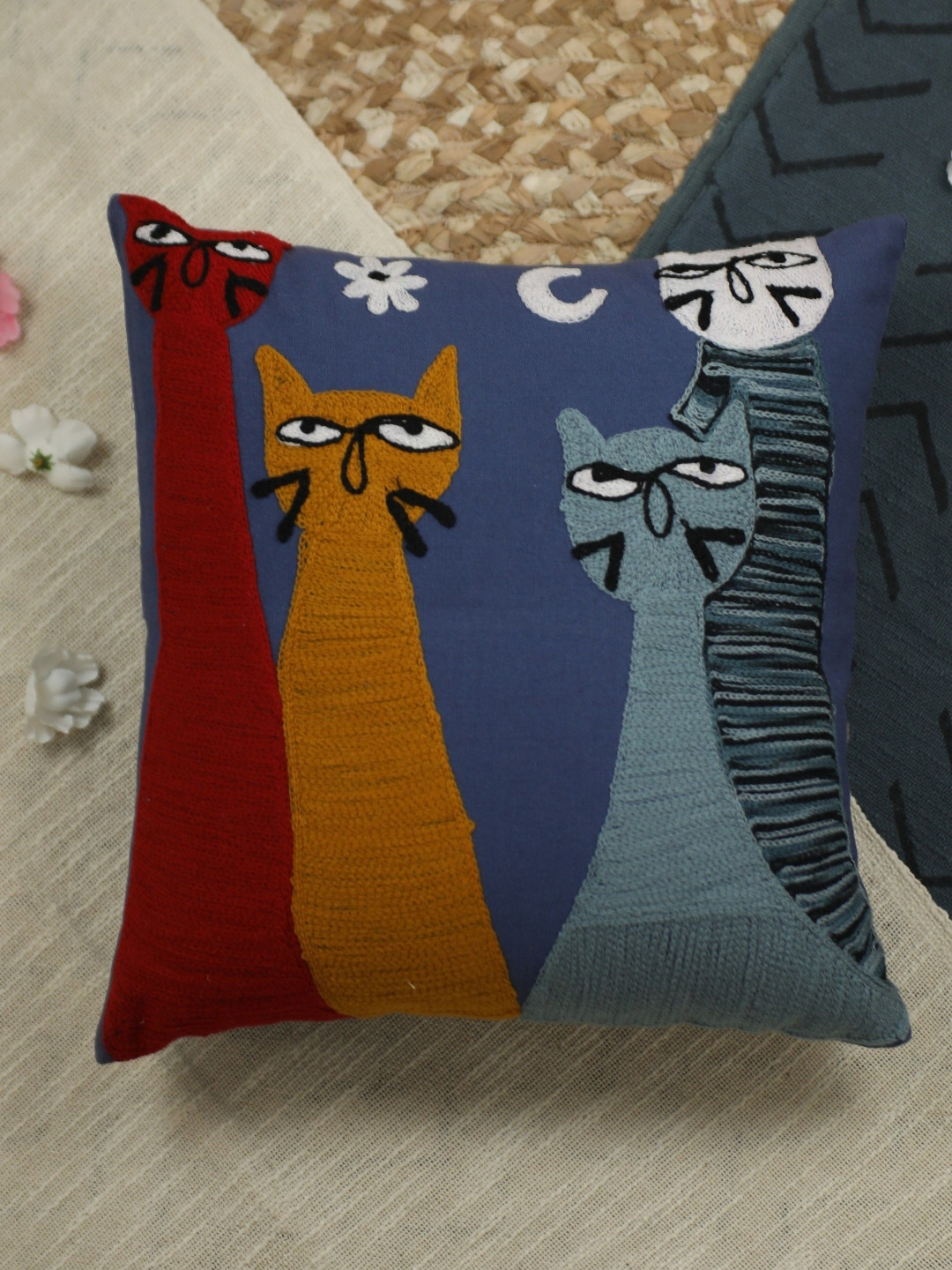 Trade Star Blue & Red Embroidered Square Pure Cotton Pillow Cover