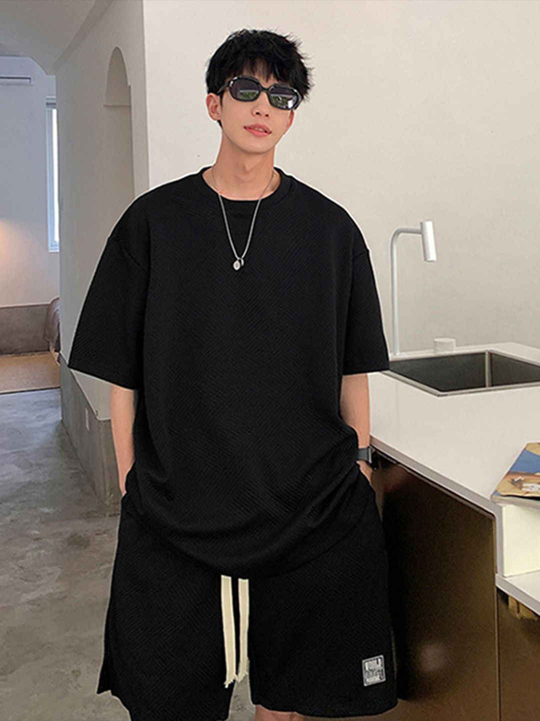 StyleCast Black Self-Design Round Neck Tshirt With Shorts