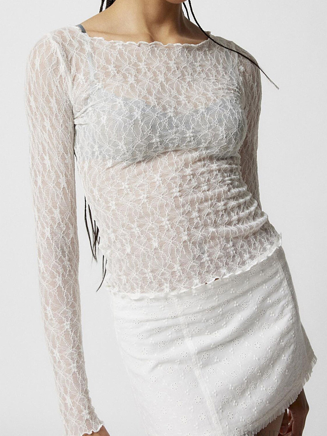 LULU & SKY White Self Design Boat Neck Long Sleeve Top