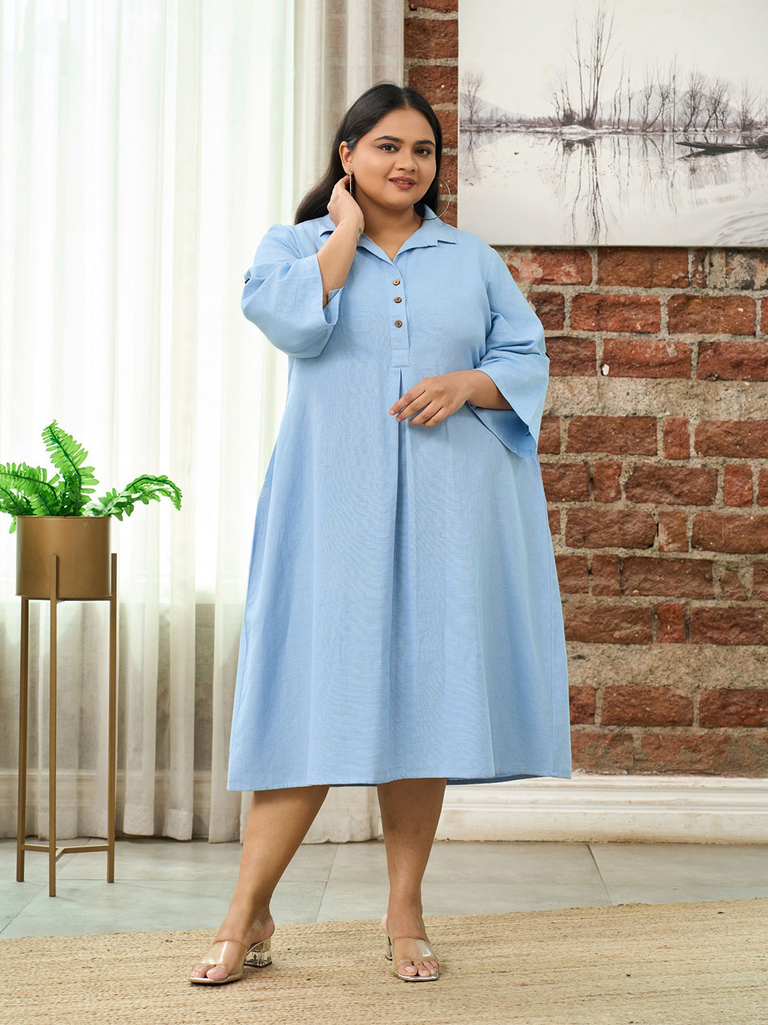 NANGALIA RUCHIRA Women Light Blue Mid-Length Shirt Collar A-Line Fit Dress