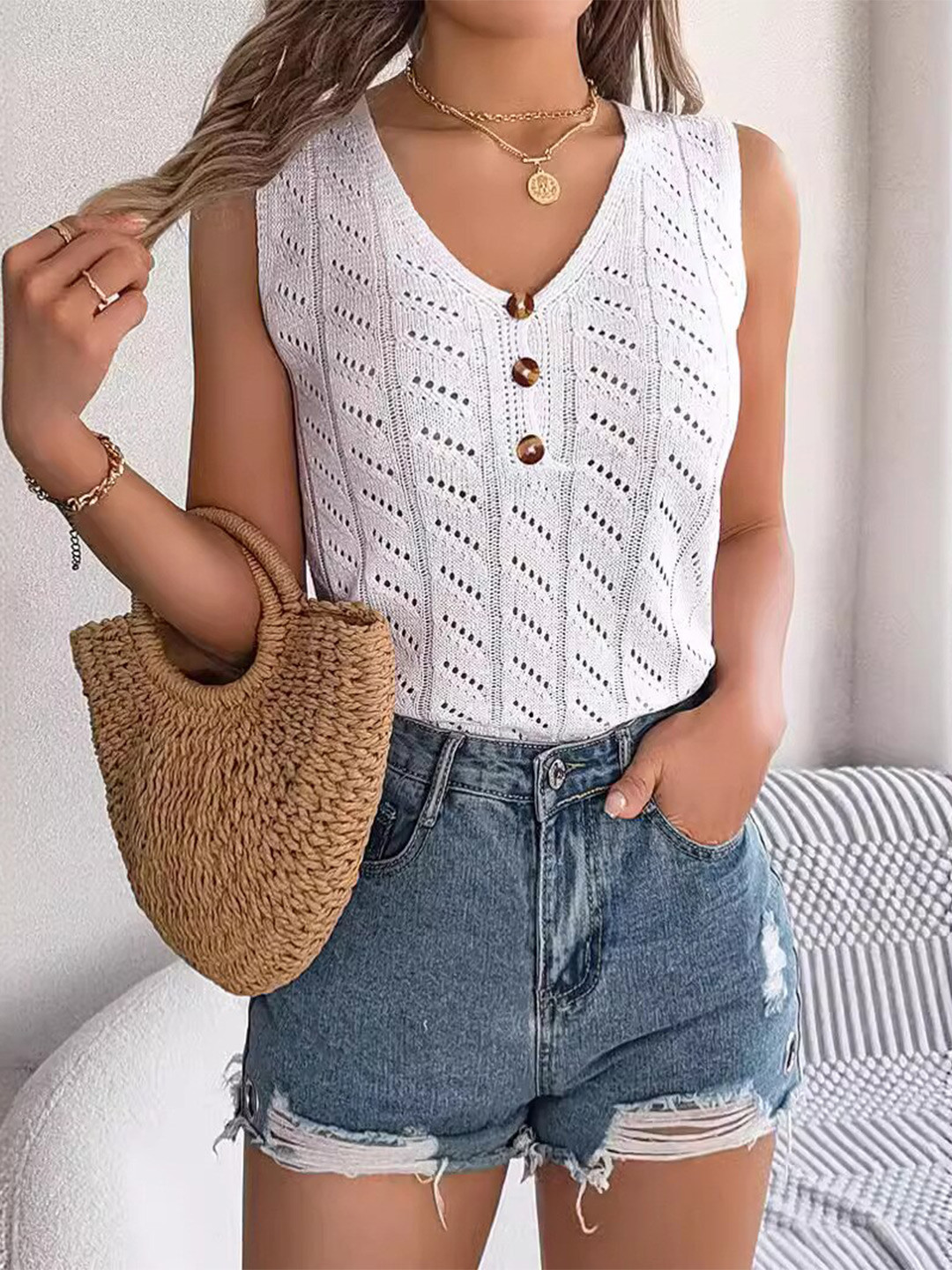StyleCast x Revolte White Crochet Shirt Style Top
