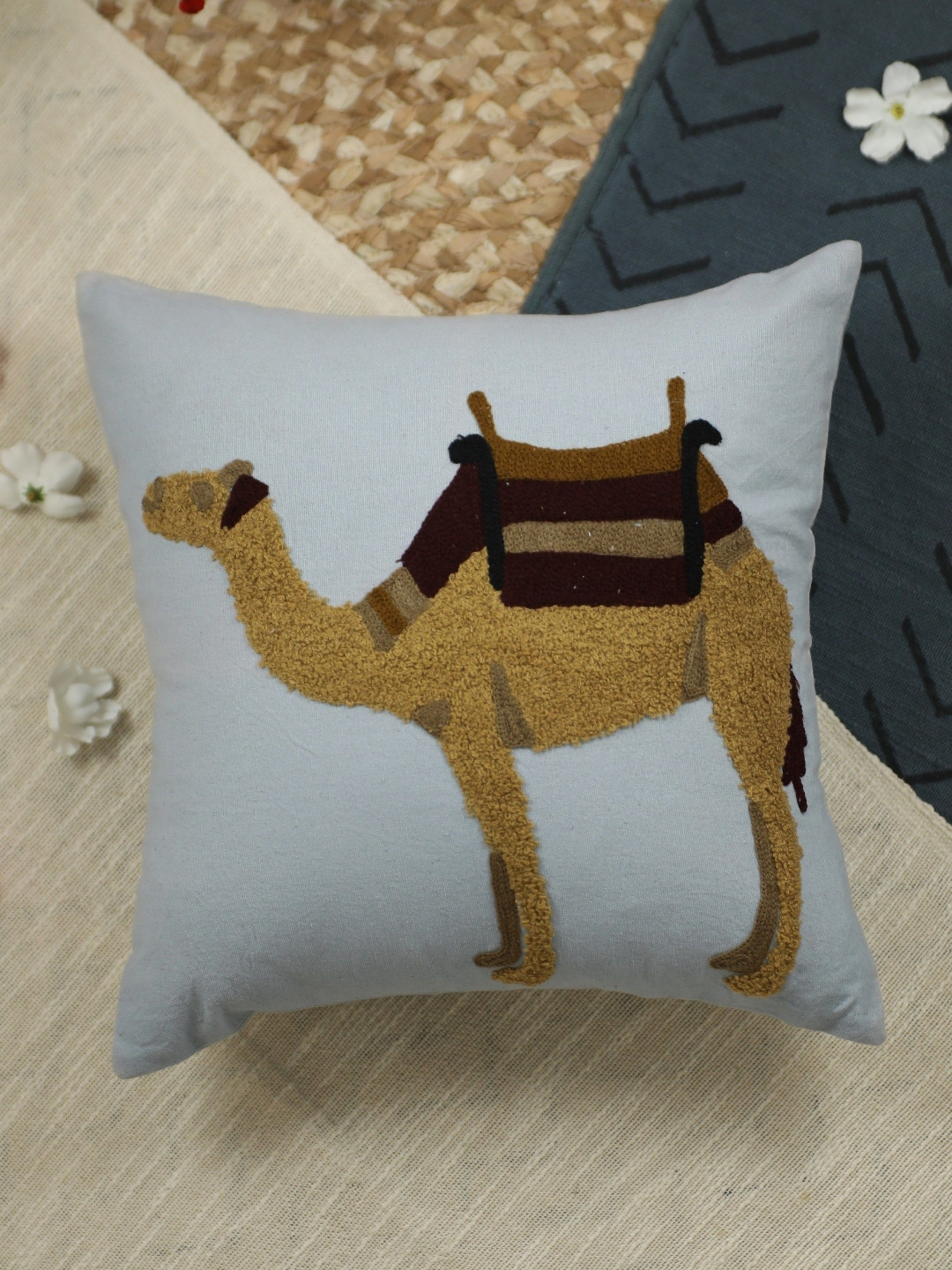 Trade Star Blue & Brown Camel Embroidered Square Pure Cotton Pillow Cover