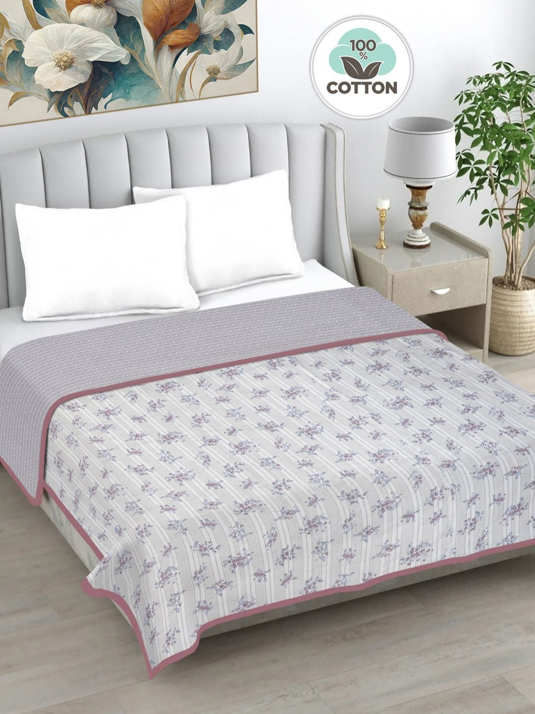 FABINALIV Grey & Purple Floral Printed AC Room 233 GSM Reversible Double Bed Dohar