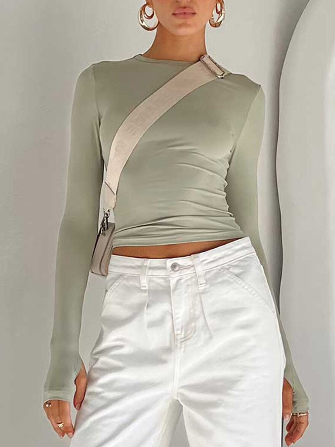 StyleCast Green Round Neck Long Sleeves Crop Fitted Top With Thumbholes