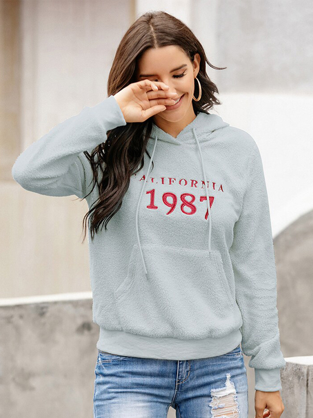 StyleCast Women Grey Printed Hooded Long Sleeves Sweatshirt