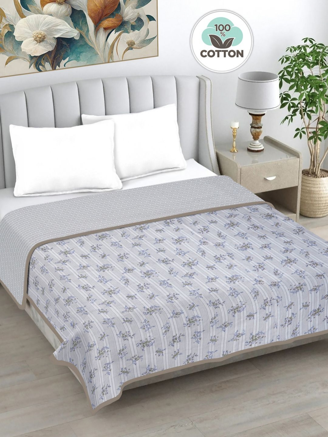 FABINALIV Grey Floral Printed AC Room 230 GSM Pure Cotton Reversible Double Bed Dohar