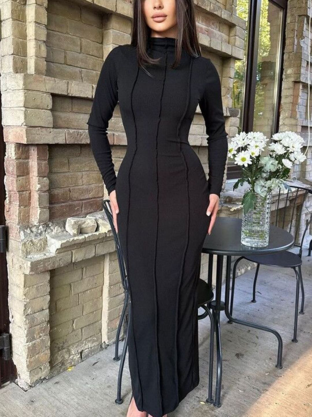 StyleCast Black High Neck Long Sleeves Midi Bodycon Dress