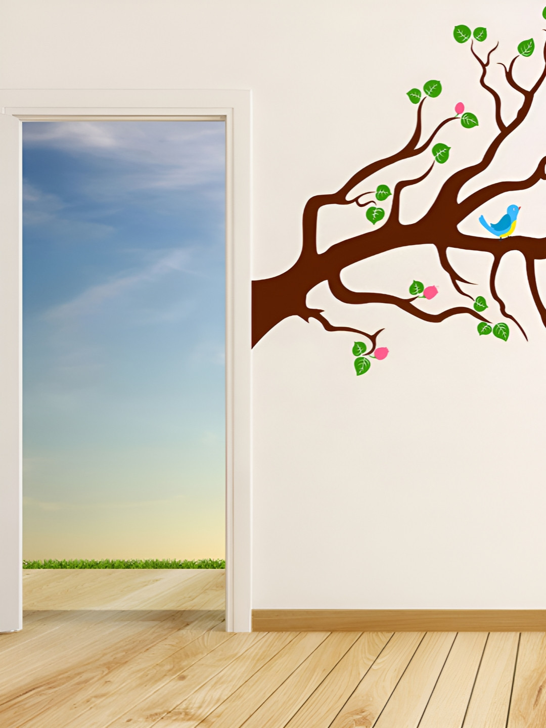 LANSTICK Green & Brown Tree with Birds & One Cage Self Adhesive Wall Sticker