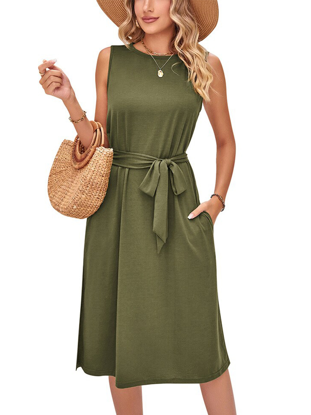 StyleCast Olive Green Tie-Up Detailed A-Line Dress