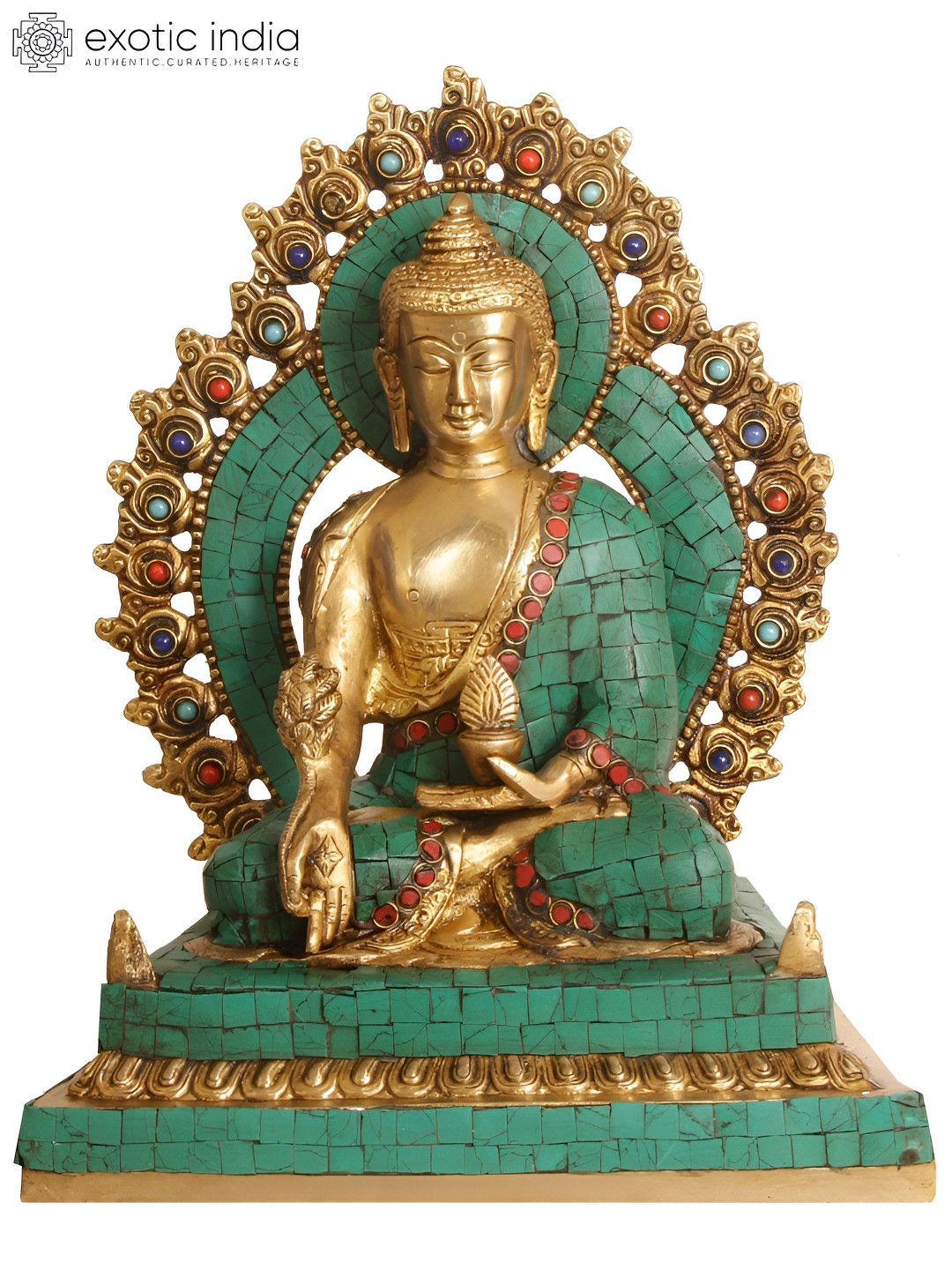 Exotic India Lord Bhaishajyaguru Green Brass Metallic Living Room Hand Made Medium Showpiece - 11.5 Inches