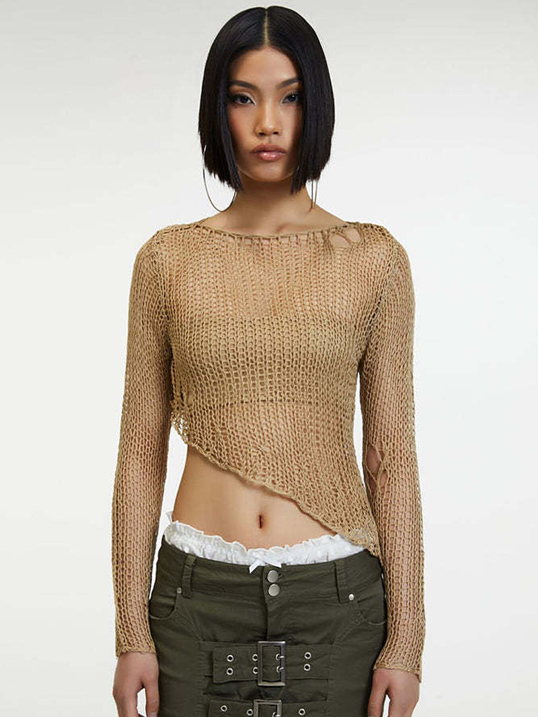 LULU & SKY Beige Crochet Boat Neck Crop Top