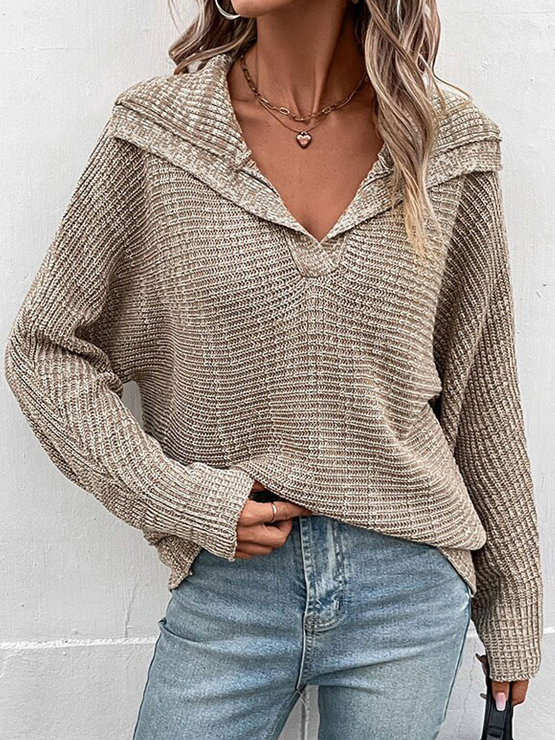 StyleCast Khaki Shawl Collar Ribbed Acrylic Pullover