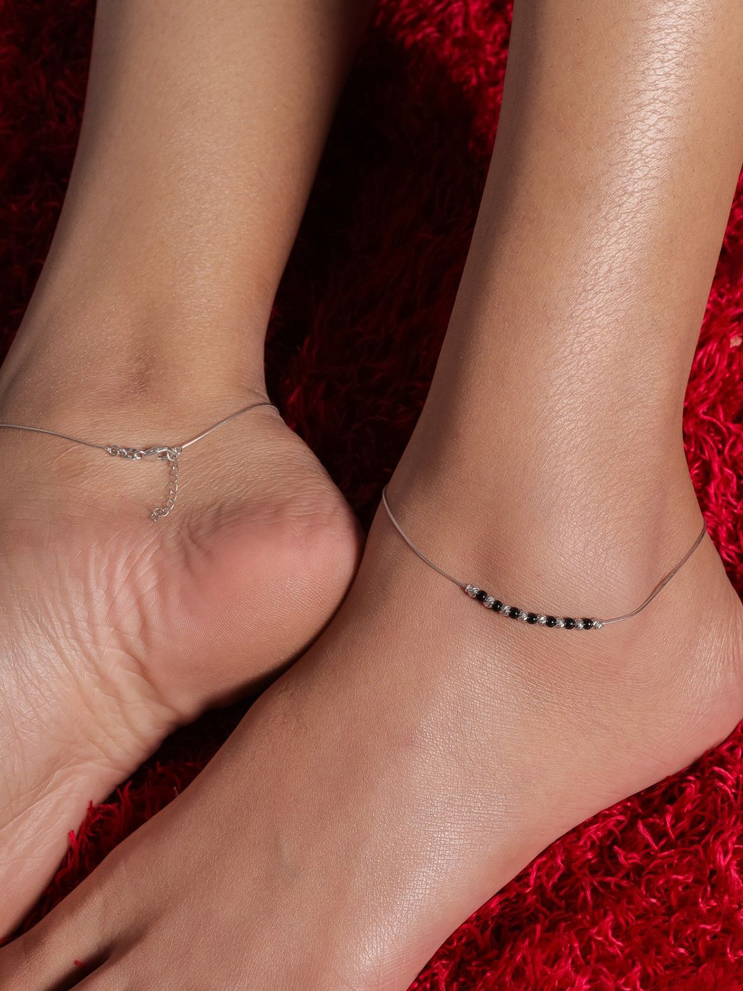 STERLYN 925 Sterling Silver Rhodium-Plated Minimal Shiny Beaded Minimal Anklet