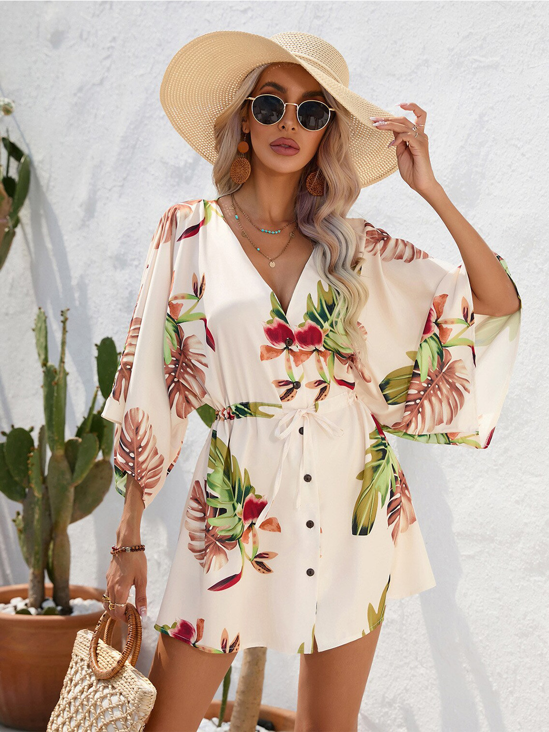 StyleCast Cream Coloured Floral Printed Flared Sleeves Tie-Ups Mini A-Line Dress