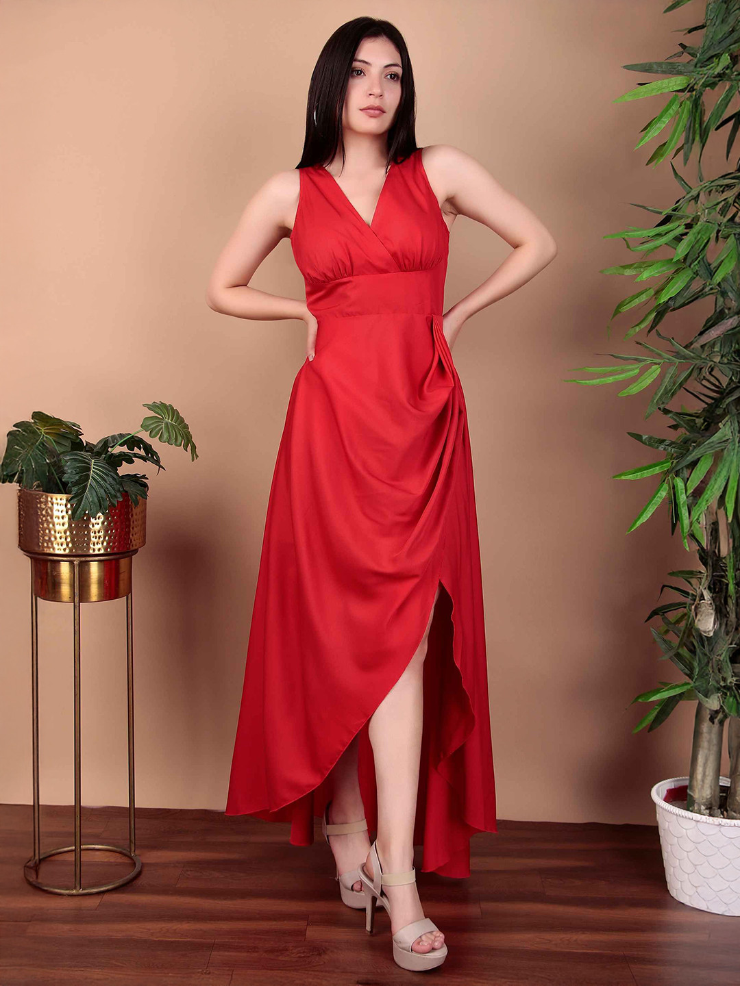 TRYMISFIT Cherry Red Tulip Hem Maxi Dress