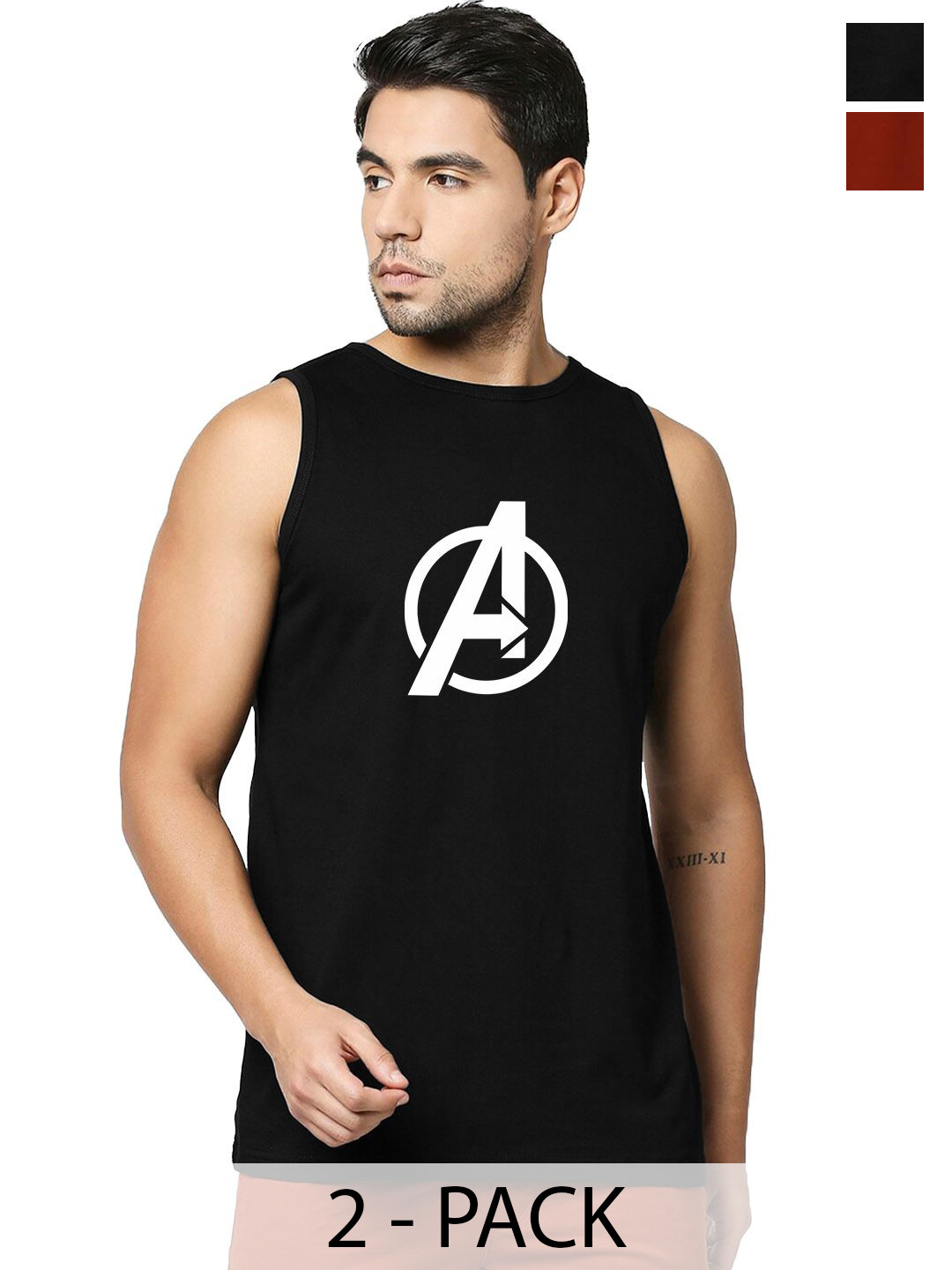 Organic Chics Pack Of 2 Printed Cotton Gym Vest BlackAvenger-MaroonMarshmellow_S